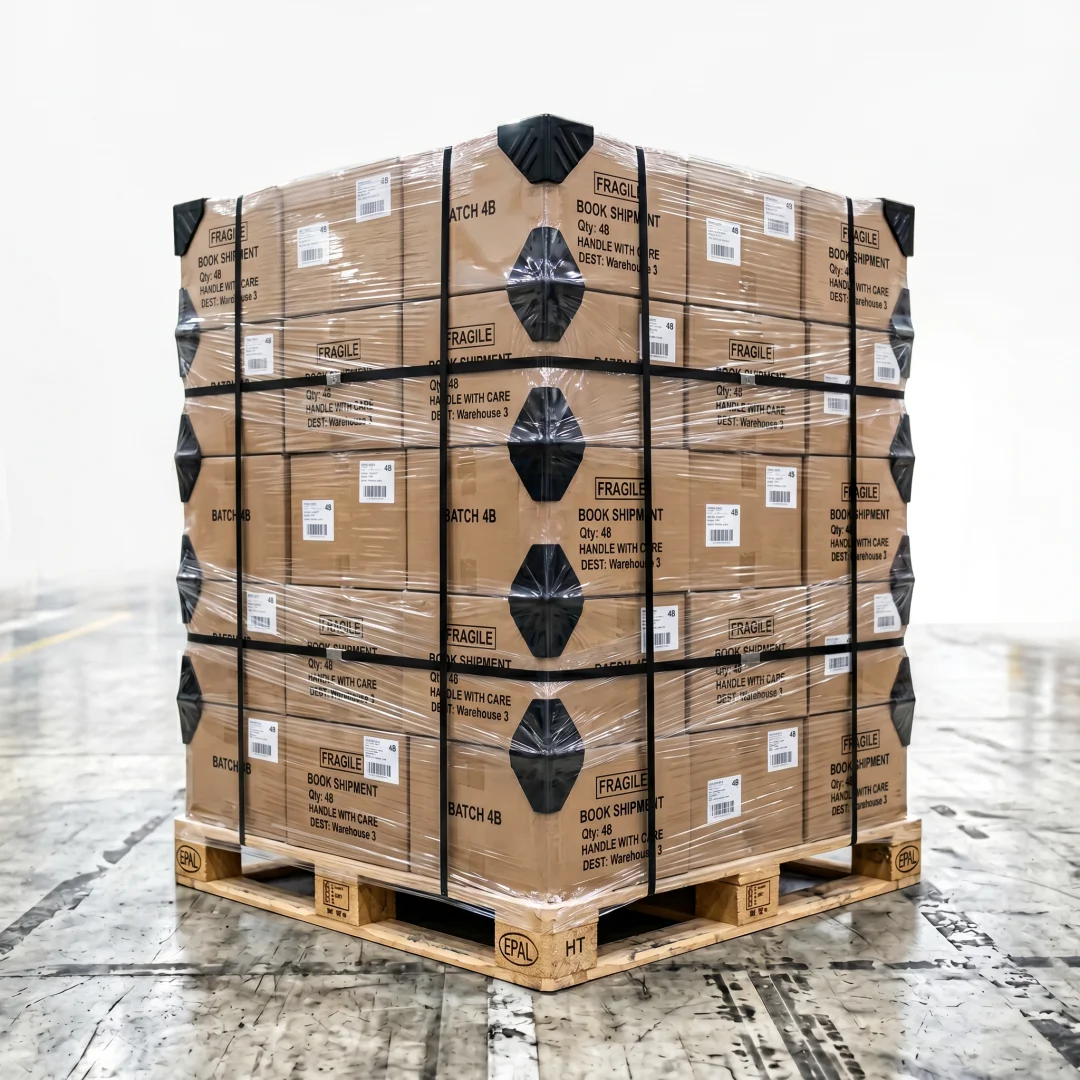 Pallet with corner protectors and stretch film wrapping