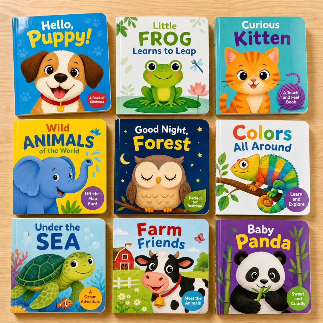 Stack of colorful children's board books printed in China with rounded corners and glossy covers