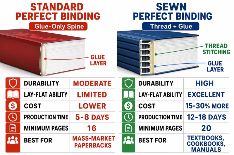 Side-by-side comparison: Standard Perfect Binding (glue only) vs Sewn Perfect Binding (thread + glue) with difference labels