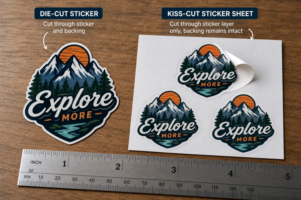 Side-by-side comparison showing a die-cut sticker with no backing border versus a kiss-cut sticker sheet with intact backing material